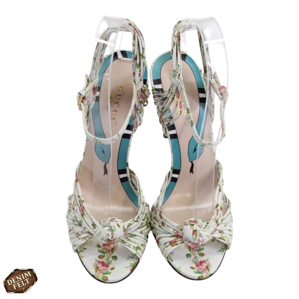 NEW Gucci Knotted Ivory Floral Leather Heels Size 35.5 Wedding Strappy Sandals - Picture 4 of 13